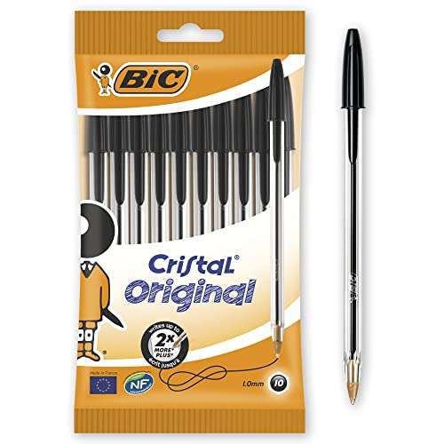 BIC Cristal Original - 10 Bolígrafos punta media, 1.0 mm, Negro + 4 Bolígrafo de punta redonda, color azul