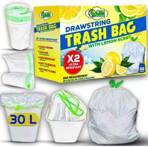 OBJ Globe Bolsas de basura perfumadas con limón para cubos de basura | Materiales 100% reciclables | 30L (55x60cm) 8 galones | 50 unidades