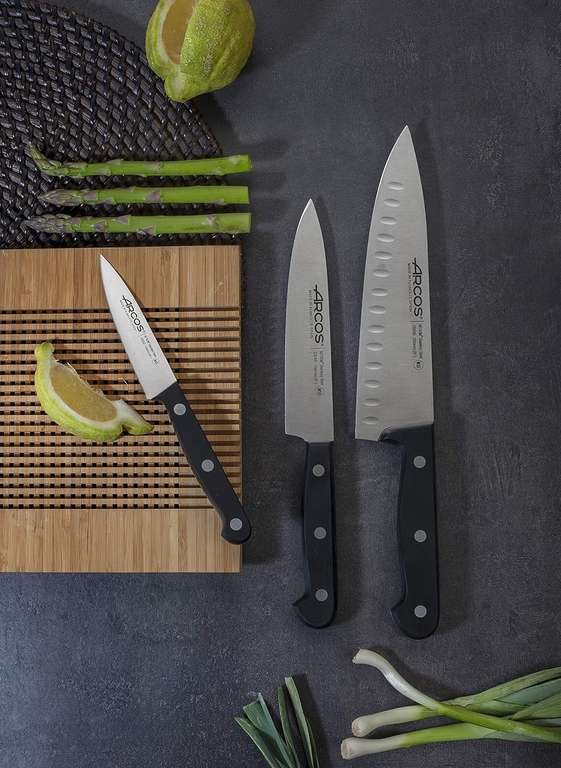 ARCOS Conjunto Cuchillos profesionales para cocinas,3 piezas-Acero Inoxidable Nitrum y Hoja mm,590 gr,Mango ergonómico POM,Mayor control