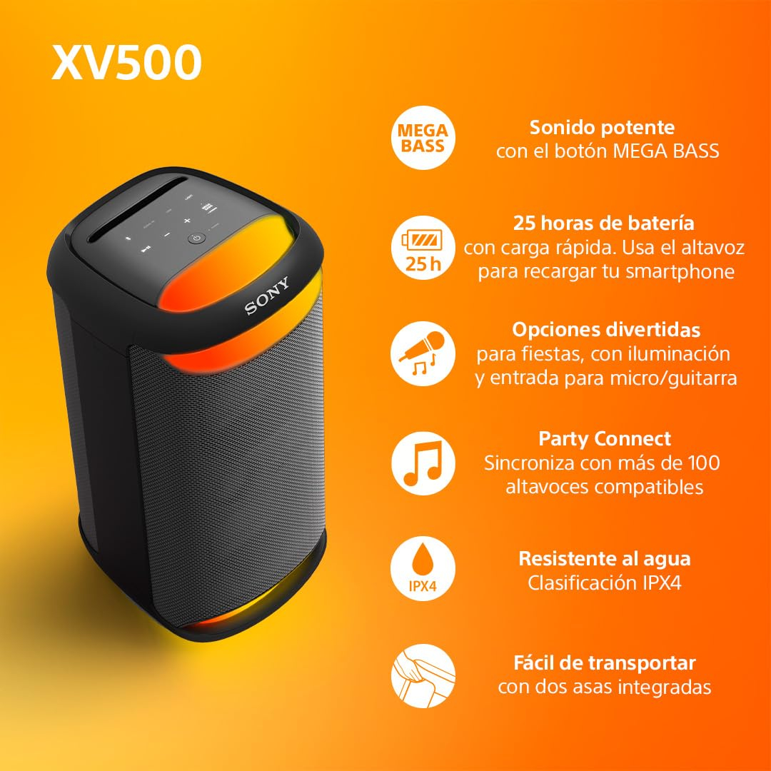 Sony SRS-XV500 (Altavoz inalámbrico Bluetooth para fiestas, sonido potente, Mega Bass, 25h de batería, luces LED, IPX4, entrada micro)