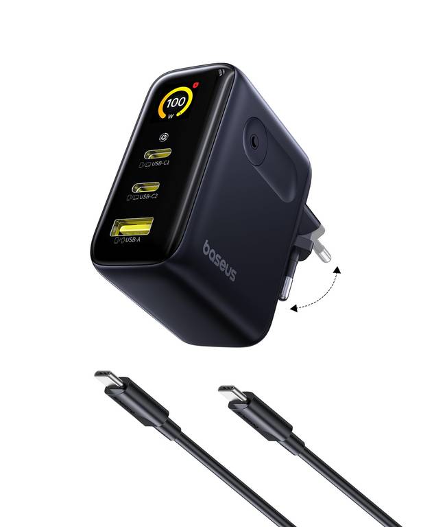 Baseus Picogo Cargador USB C de 100 W, Smart Display & Touch Control, 3 en 1 Carga Rápida,GaN avanzada, MacBook, iPhone 17/16/15/14,