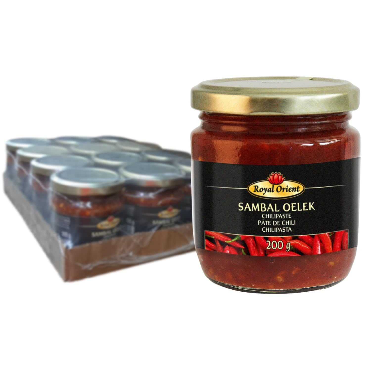 Royal Orient Sambal Oelek Paquete de 12 de 200 g Pasta picante de chile rojo brillante 2.4 kg peso total