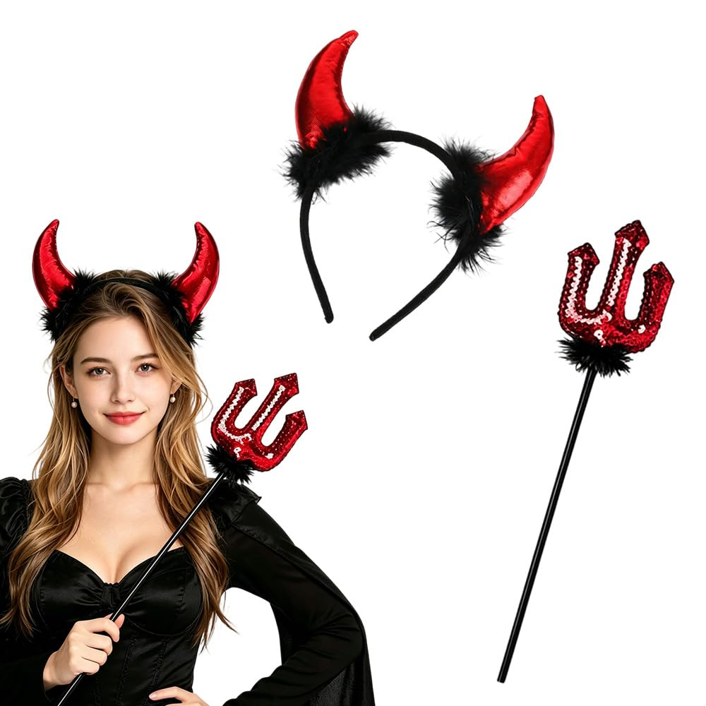 Set de Disfraz de Diablo (Diadema + Tridente con Lentejuelas)
