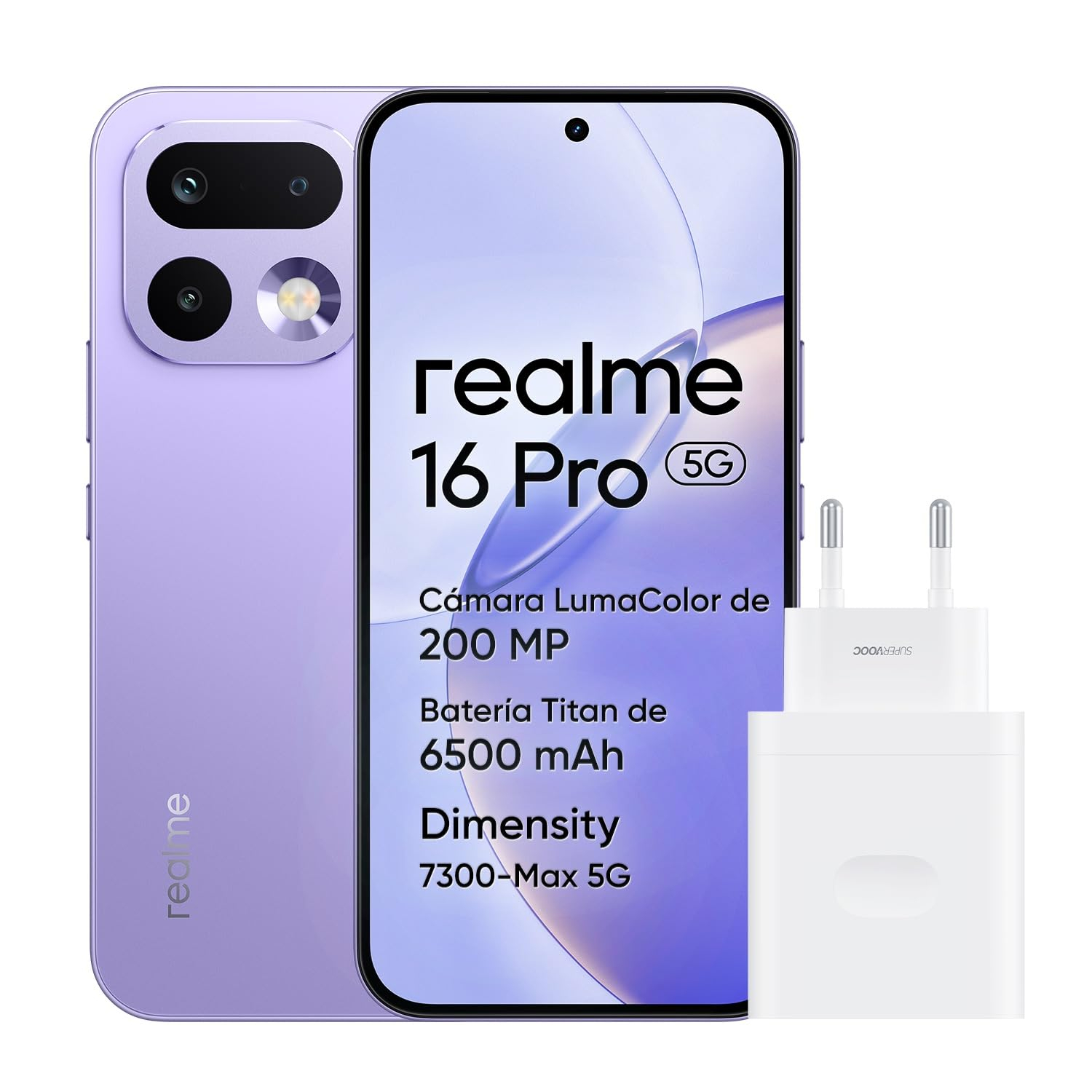 realme Smartphone 5G 8GB+256GB, Pantalla AMOLED 144Hz, Batería 6500mAh, Cámara 200MP, IP69K, Carga Rápida 45W, Dual SIM, Violeta