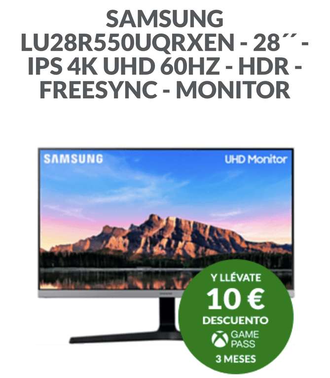 Monitor - Samsung LU28R550UQRXEN, 28" UHD 4K, 300 cd/m², 4 ms, 60 Hz, HDMI, AMD FreeSync… 5€ de descuento en cuenta GAME
