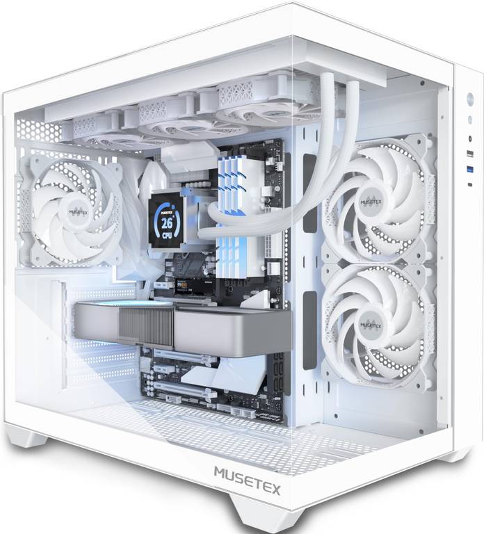Caja PC ATX MUSETEX Y6 Blanca (Vista 270°, Cristal Templado, USB-C, 3 ventiladores)