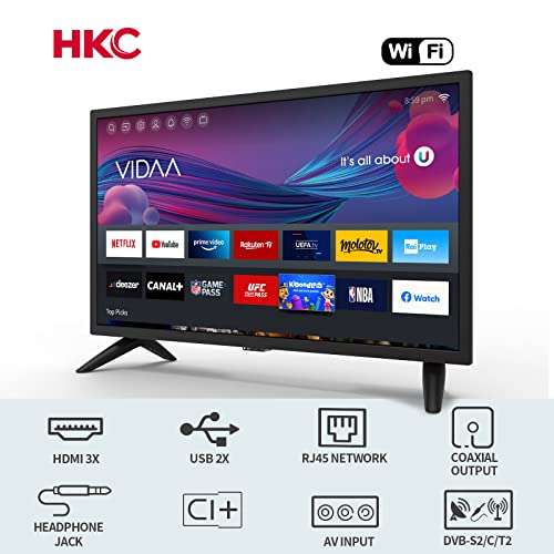 HKC HV32H1 Smart TV 32 pulgadas (80 cm) Televisores - Netflix, Prime Video, Rakuten TV, DAZN, Disney+, Youtube, UVM, Wifi, Triple-Tuner