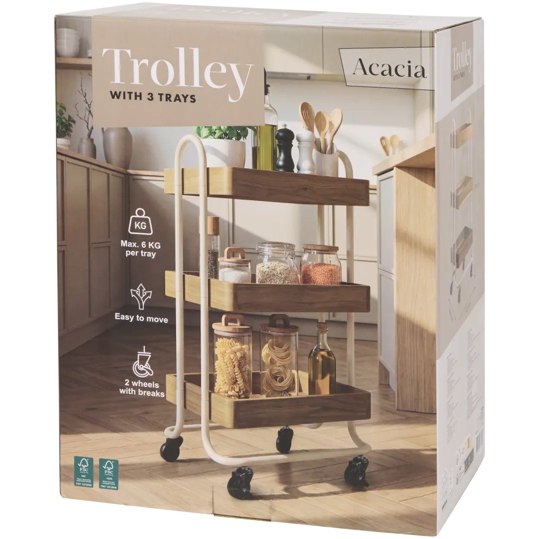 Carrito con 3 amplias bandejas de madera. Capacidad de carga máxima de 6 kg por balda.ruedas con freno para mayor estabilidad.