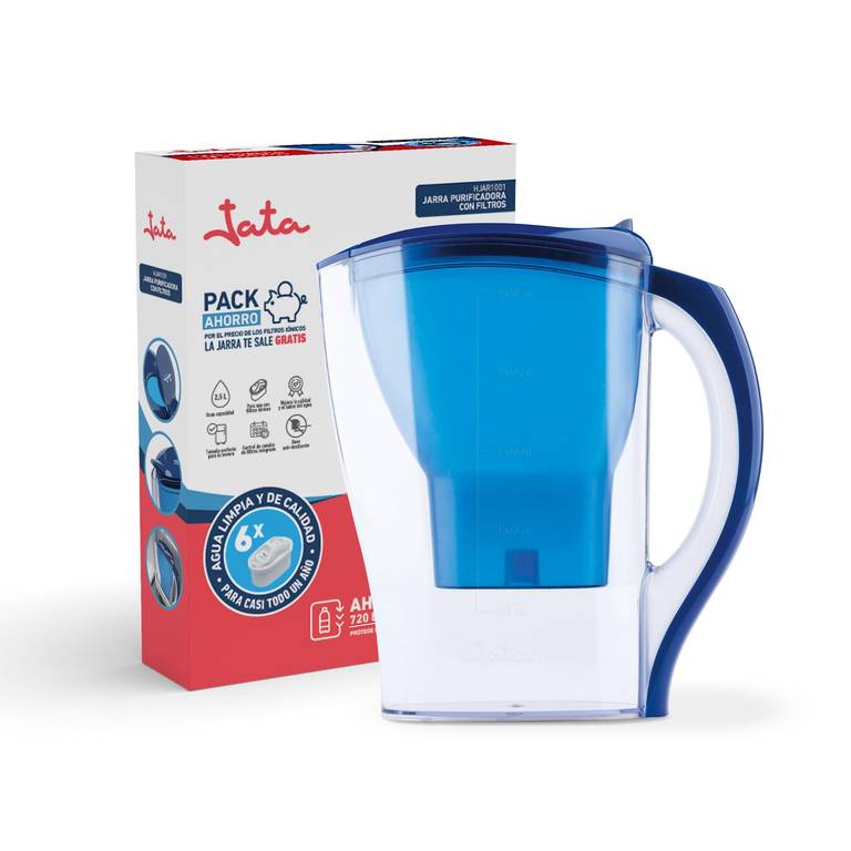 Jata Hogar HJAR1001 – Jarra con filtro de agua de 2,5 litros. Incluye 6 cartuchos iónicos. Reduce la cal, cloro y residuos de cobre.