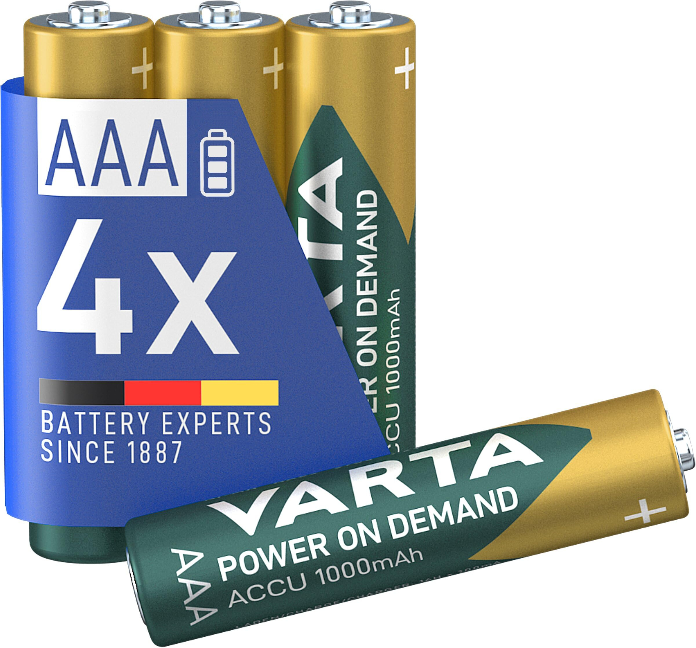 VARTA Pilas AAA, recargables, paquete de 4, Recharge Accu Power, batería recargable, 1000 mAh Ni-MH, sin efecto memoria, precargadas