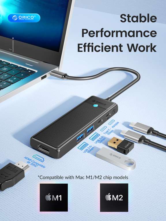 ORICO Hub USB Tipo C carga PD 100W, HDMI 4K, USB 3.0 para Windows/Android/MacOS