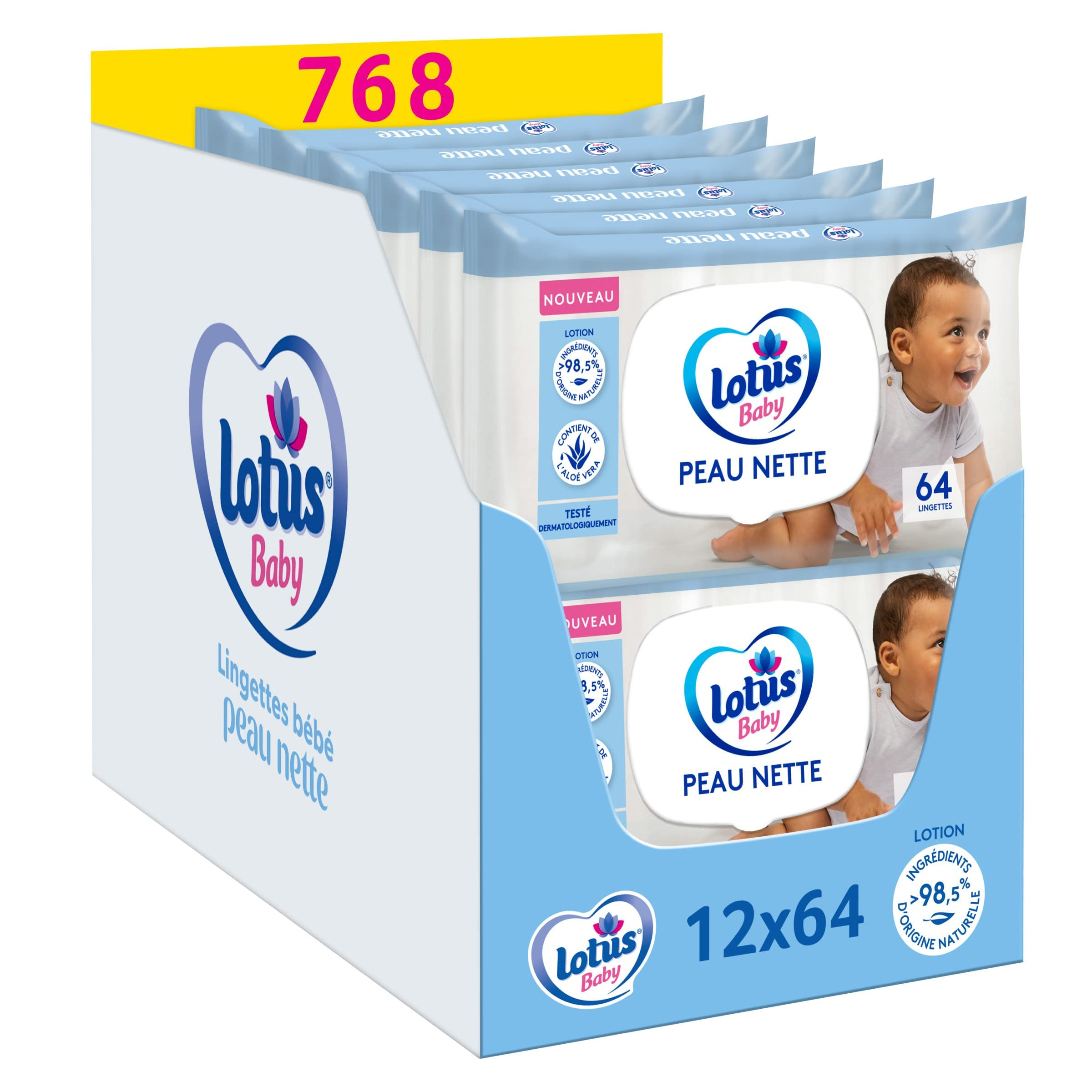768 Toallitas para bebé (paquete de 12 x 64), hipoalergénicas y testadas dermatológicamente Lotus Baby