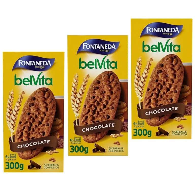 3x Fontaneda Belvita Galletas con Chocolate y 5 Cereales Completos Enriquecidas con Hierro, Calcio y Magnesio 300 g. 1'45€/ud