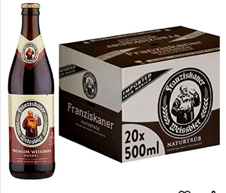 20 x 500 ml. Franziskaner Hefe-Weissbier Naturtrüb Cerveza Con Ingredientes Naturales, Sabor Delicado y Refrescante, 5% Volumen de Alcohol