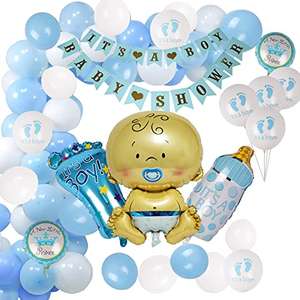 Kit Globos 37 unidades (incluye 1 de bebé, 1 de huella 60cm, 1 biberón 66 cm) para fiesta de bebé o para cumpleaños. Azul o Rosa.