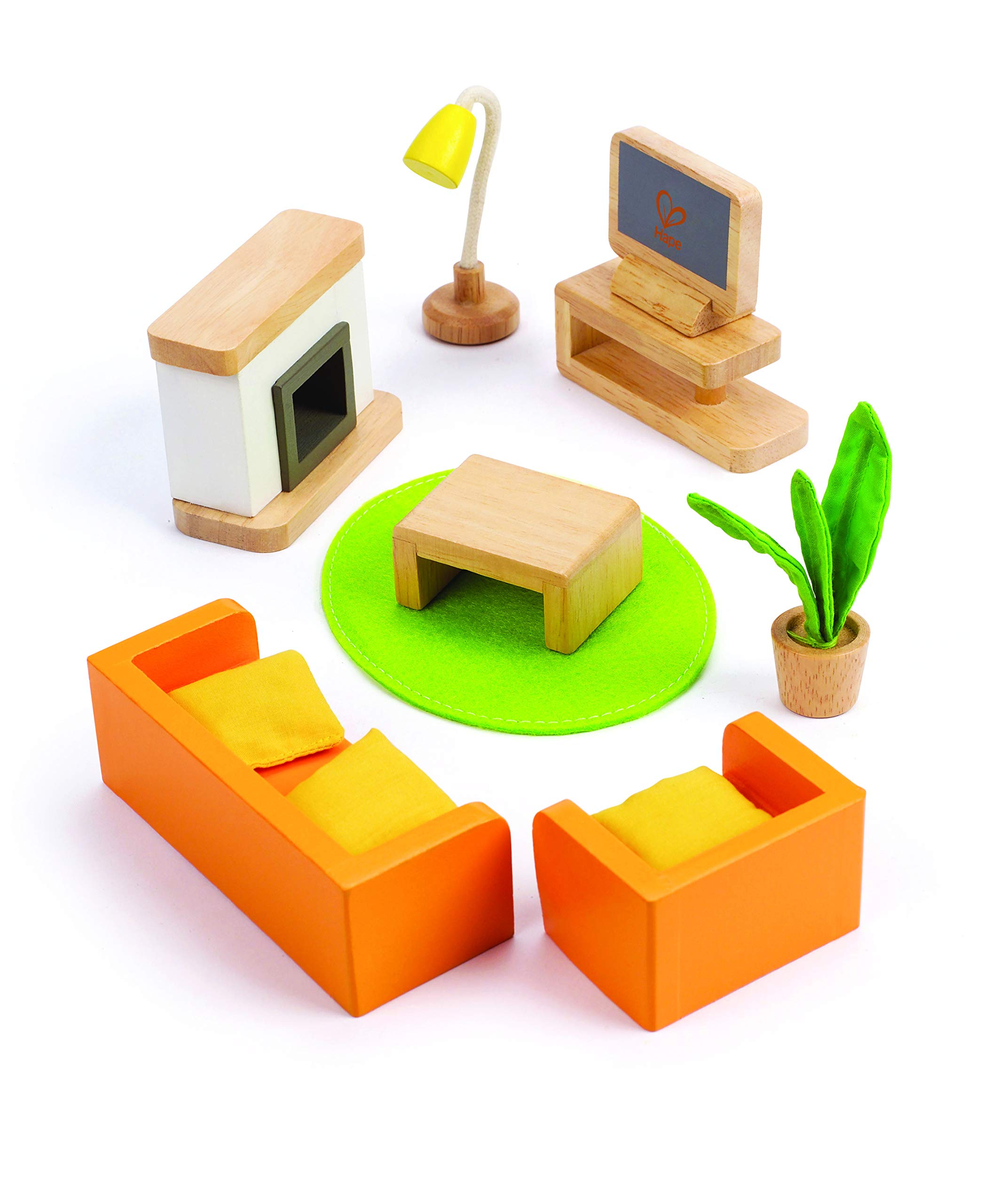 Hape Salón con Chimenea – Set de Muebles de Madera para Casa de Muñecas, 8 Piezas con Sofá, Televisor y Accesorios, Fomenta el Juego de Rol