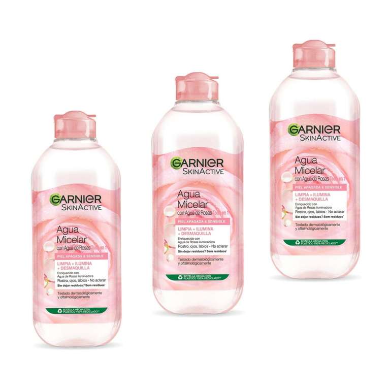 3 x Garnier Skin Active Agua Micelar Agua de Rosas, Piel Apagada y Sensible, Rostro, Labios y Ojos, Incoloro, 400 ml [Unidad 2'52€]