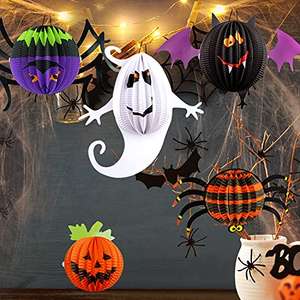 Kit de decoración de Halloween, 5 linternas de Papel, Tela de araña elástica con 20 arañas, 3D Plegable