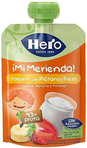 Hero Baby Mi Merienda Bolsitas de Yogurín con Plátano y Fresa - Para Bebés a Partir de los 12 Meses - Pack de 18 x 100 g