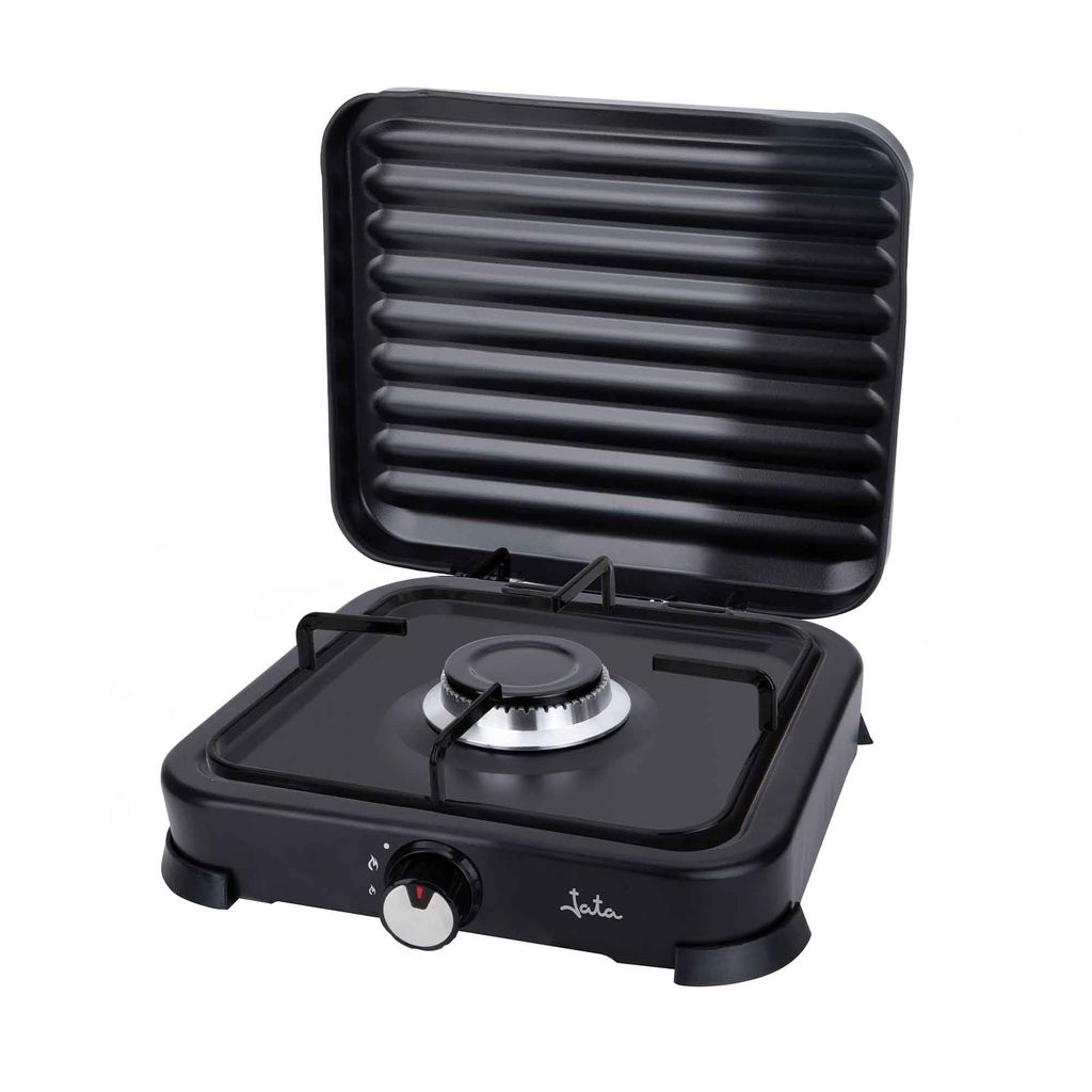 JATA JECG2721 - Cocina de gas portátil de 1 fuego con parrilla. Apta butano y propano. Con tapa protectora extraíble. Ideal para camping