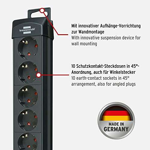 Brennenstuhl Premium-Line regleta de enchufes con 10 tomas de corriente (cable de 3m, con interruptor, Made in Germany)