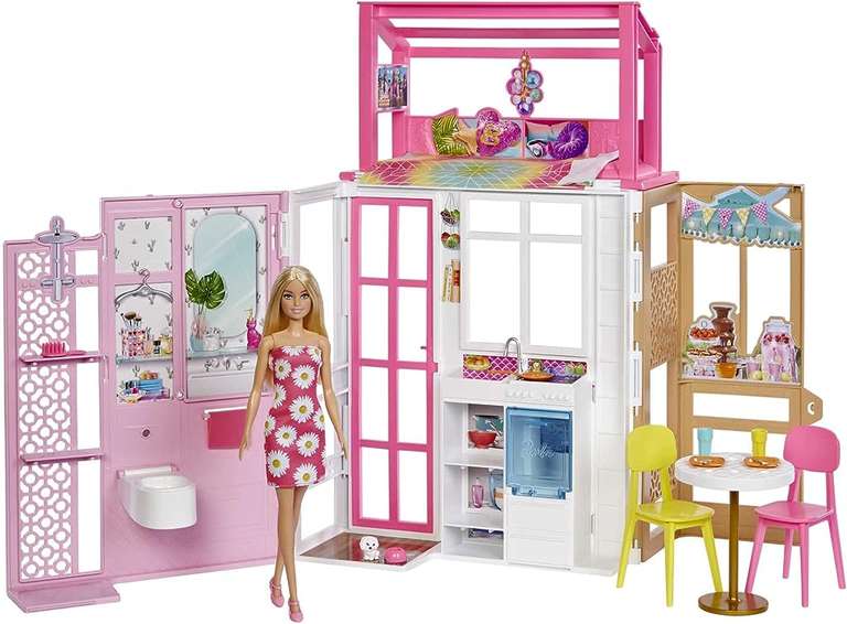 Casa Barbie de 2 Pisos Amueblada para Muñecas, Incluye Muñeca Rubia y Accesorios (Mattel HCD48)
