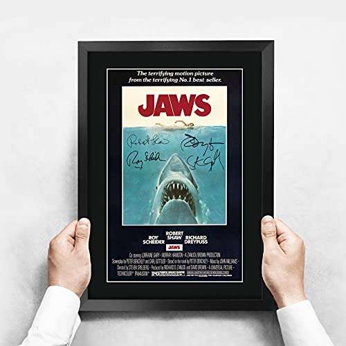 Cuadro "Tiburón" Enmarcado - Trading Jaws A3 Enmarcado [Firmado por Rob Scheider, Robert Shaw y Richard Dreyfuss]