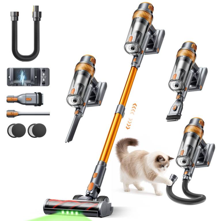 50KPA/600W Aspiradora sin Cable Potente, 65Min(ECO) Escoba Vertical con Modo Automático, Ideal para Pelo de Mascotas, Alfombras y Coche