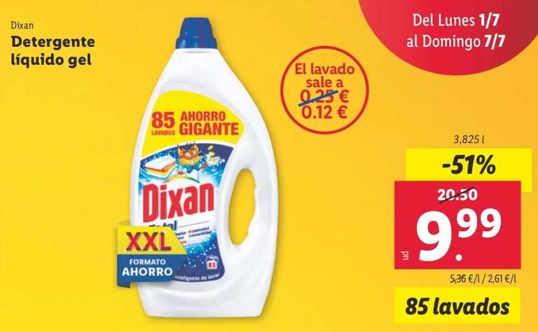 Detergente líquido en gel Dixan 85 lavados (0,12€/lavado) - (Lidl)