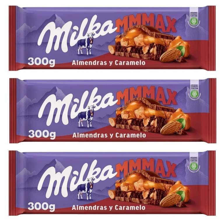 3 x Milka MMMAX Tableta Grande de Chocolate con Leche Relleno de Cacao y de Caramelo con Trozos de Almendra Caramelizada y Salada 300g