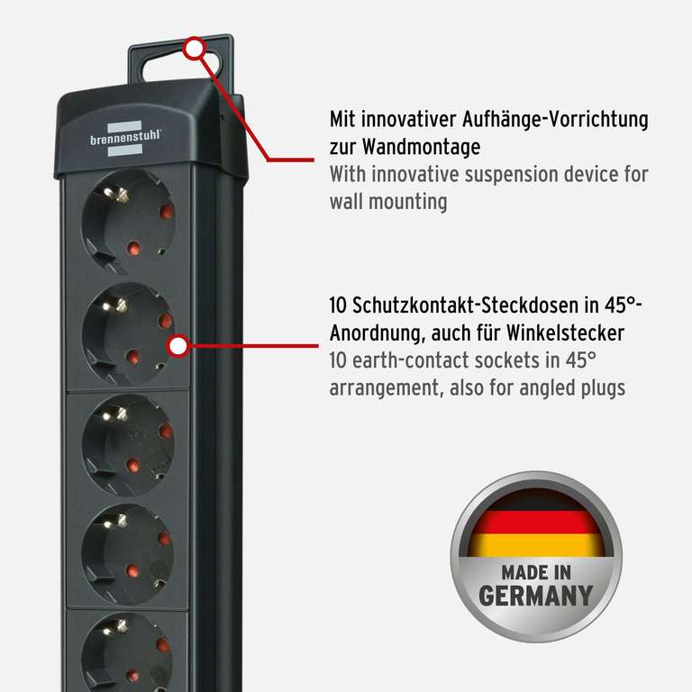 Brennenstuhl Eco-Line regleta de Enchufes con 10 tomas de corriente  (interruptor, protección infantil), Negro, 3
