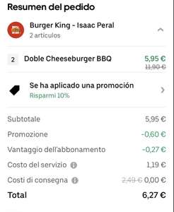 UBER EATS Burger King 2x1 en Doble Cheeseburger BBQ - Precio Brutal con Uber One (6,27 €)