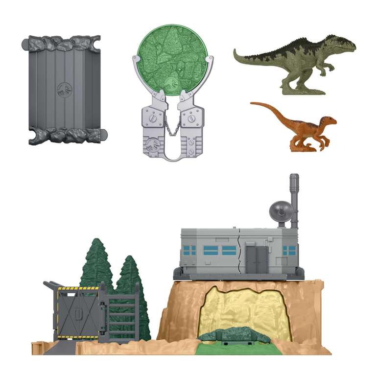 Jurassic World Minis Set de juego, Ataque del dinosaurio gigante, Dinosaurio con accesorios, +4 años (Mattel HFF12)