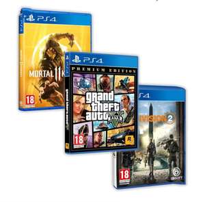 Pack de 3 videojuegos para consola PS4 de Sony: Grand Theft Auto V premium edition , The Division 2 , Mortal Kombat 11 - Standard Edition