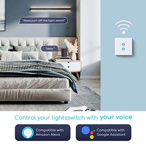 Aigostar WiFi Interruptor de Luz 2 Gang 1 Vía, Interruptor Inteligente Compatible con Alexa/Google Home
