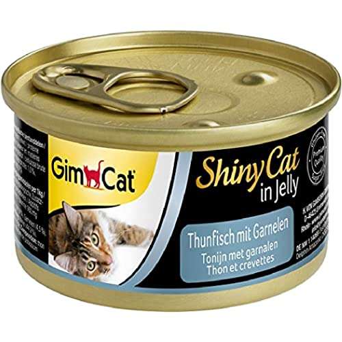 GimCat ShinyCat in Jelly, atún con gambas - Alimento húmedo para gatos, con pescado y taurina - 48 latas (48 x 70 g)