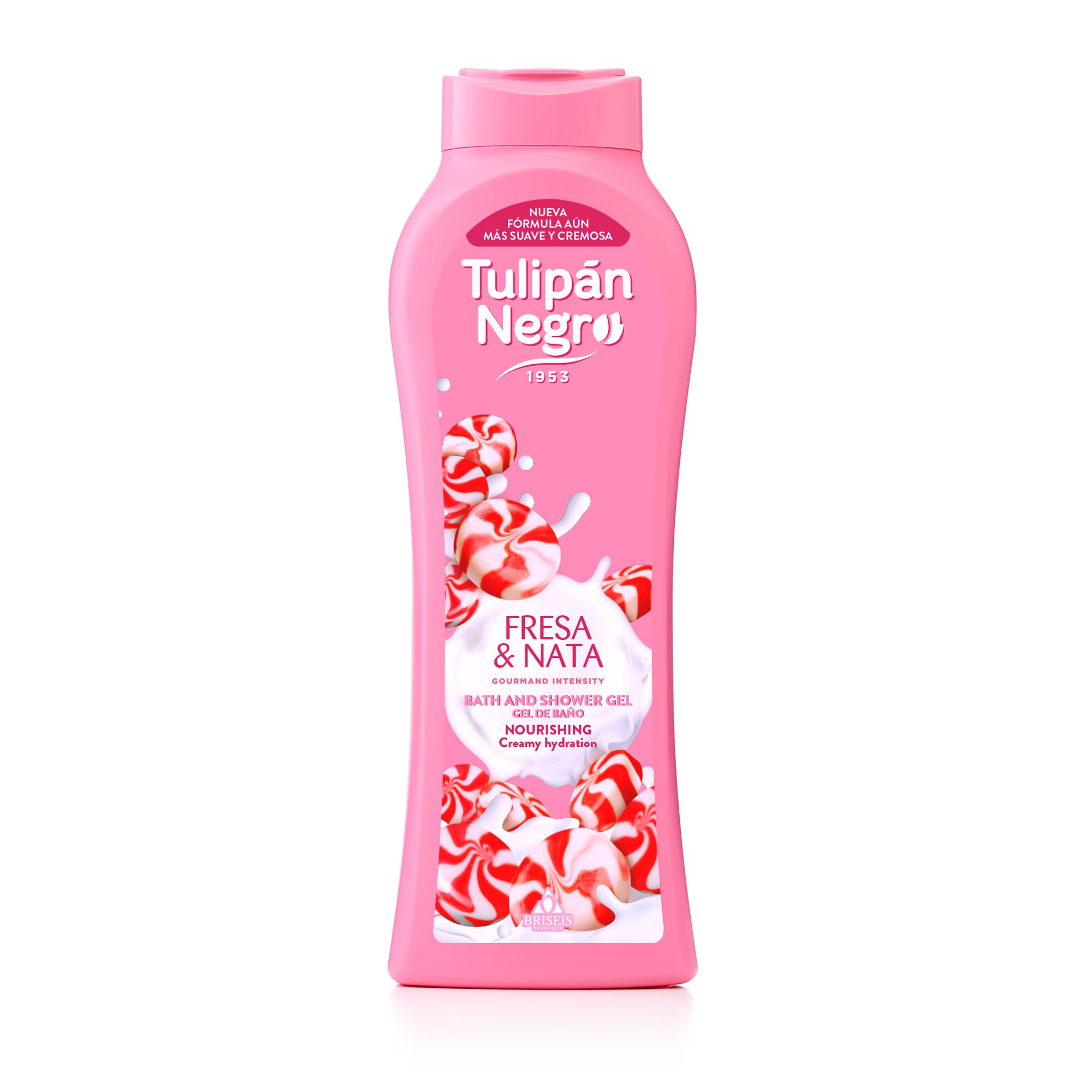 Tulipán Negro Gel de Baño Fresa y Nata, 650 ml Gel de Ducha Nutritivo e Hidratante con Extracto de Fresa y Fragancia a Nata