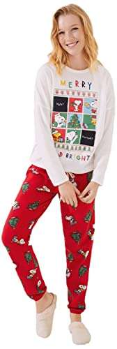 Women'secret Pijama Largo de Pantalón Skinny En Tejido Polar Estampado con Motivos Navideños Acompañado de Snoopy Mujer