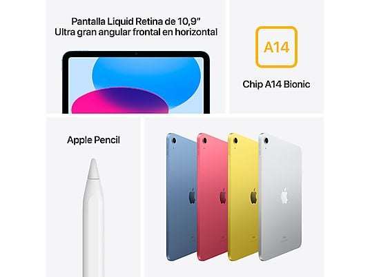 APPLE iPad (2022 10ª gen), 64 GB, WiFi, 10.9", Retina, Chip A14 Bionic, iPadOS 16 Varios colores (389 € con Newsletter) - Amazon iguala