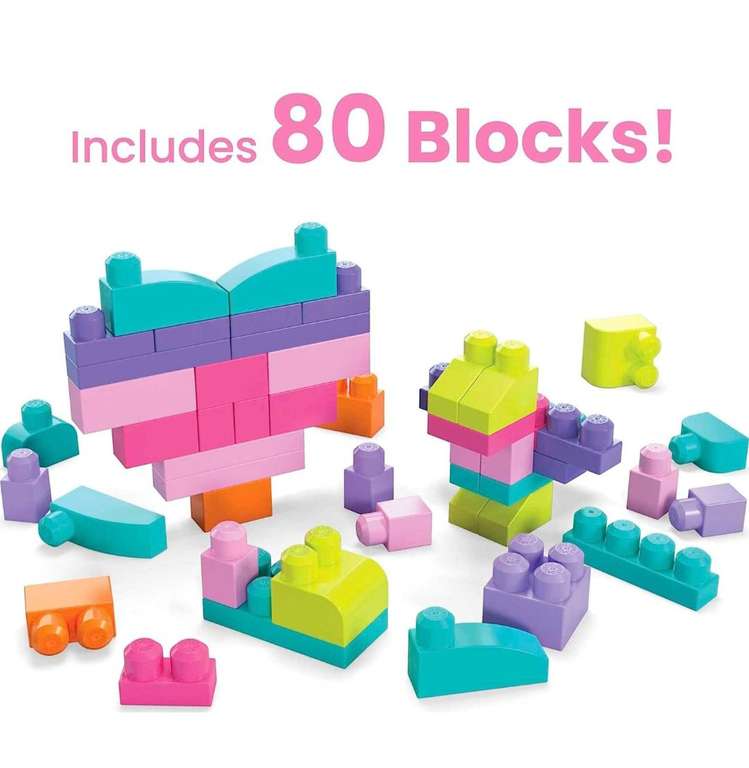 MEGA Bloks Juego de Construcciones 80 Piezas con Bolsa Ecológica Rosa, Juguete Bebé +1 Año (Mattel DCH62)