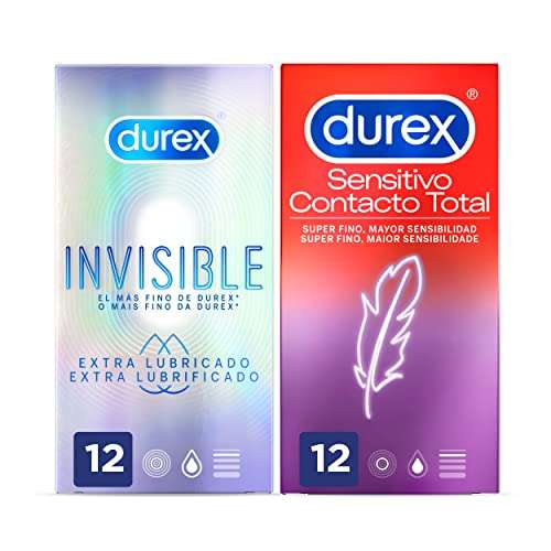 Durex Preservativos Super Finos Contacto Total, 12 condones + Durex Preservativos Invisible Extra Lubricado, Super Finos, 12 condones
