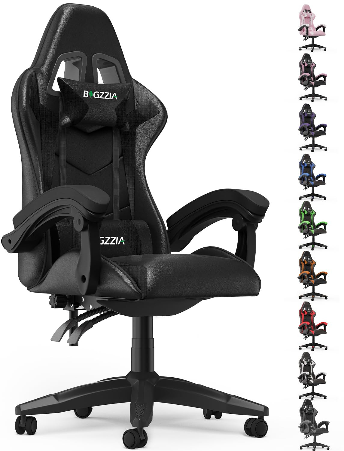 Silla gaming Bigzzia, ergonómica de piel sintética, altura regulable con soporte lumbar y reposacabezas, respaldo reclinable hasta 155°