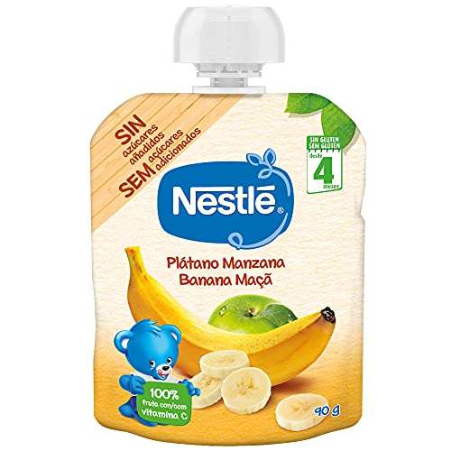 Nestlé Bolsita de puré de frutas, variedad Plátano y Manzana - Para bebés a partir de 4 meses - Paquete de 16 bolsitasx90g