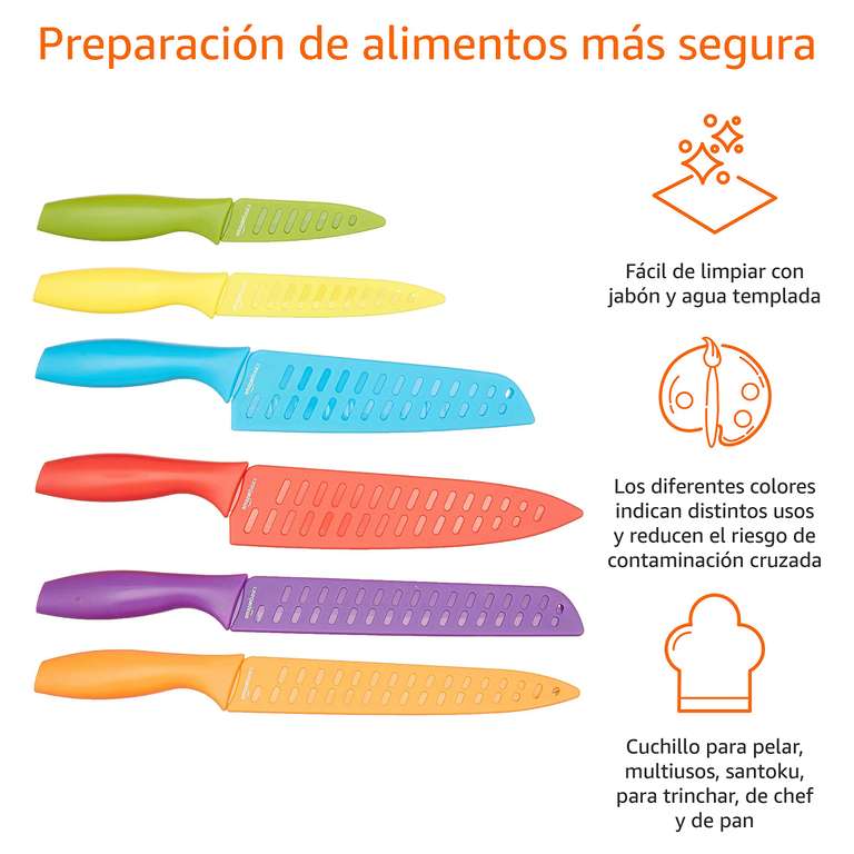 Amazon Basics Juego de cuchillos de colores, 6 cuchillos y 6 fundas, Surtido