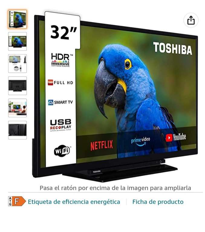 Toshiba TV 32L3163DG Smart TV de 32", con Resolución Full HD (1920 x 1080), HDR, Compatible con Asistente de Voz Alexa