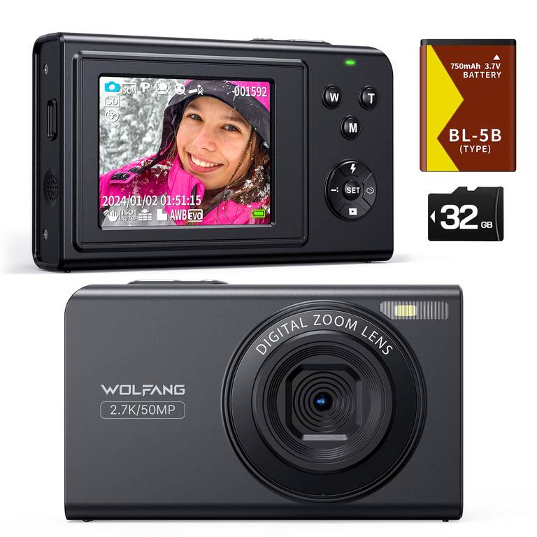 WOLFANG Cámara digital, cámara infantil de 2,7 K para fotografía, cámara compacta de vlogging de 50