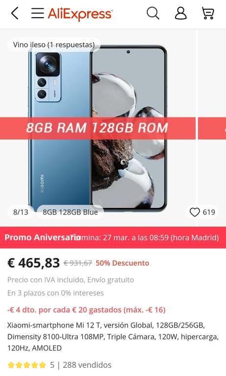 Xiaomi Mi 12T 8Gb de ram - 128Gb de almacenamiento