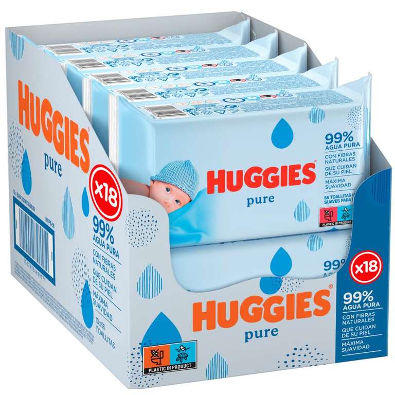 Huggies Pure Toallitas con 99% Agua Pura, 1008 Toallitas (18 x 56 Toallitas). Sin Aditivos, Suaves Fibras Naturales, Hipoalergénicas.