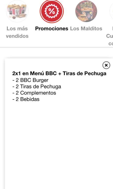 2x1 en Menú BBC + Tiras de Pechuga a domicilio en kfc