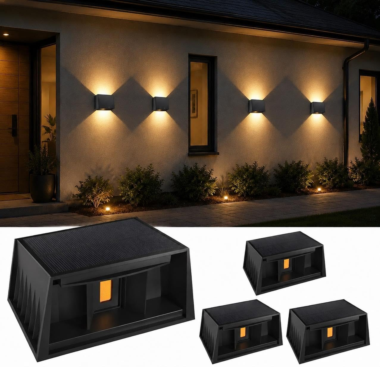 2x T-SUNUS ( 8 Unidades total ) de Aplique Solar Pared Exterior, 3000K Blanco Cálido Lámparas Solares Exteriores Pared,